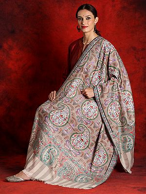 Pure Pashmina Bold Paisley Motif Grey Kani Shawl With Striped Palla