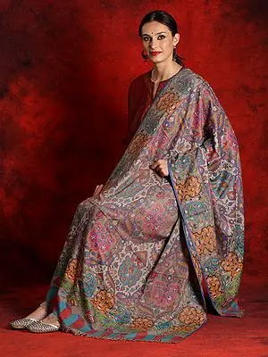 Pure Pashmina Natural Colored Floral Motif Kani Shawl with Striped Palla