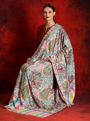 Pure Pashmina Floral-Paisley Motif White Kani Jamawar Shawl