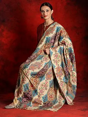 Pure Pashmina Cream Colored Striped-Floral Motif Kani Shawl