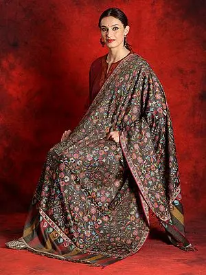 Pure Pashmina Charcoal-Black Colored Kani Shawl with Floral Vine Pattern