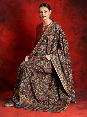 Charcoal-Black Colored Pure Pashmina Kani Shawl with Floral Motif