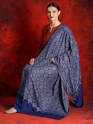 Pure Pashmina Sozni Royal-Blue Colored Heavy Embroidered Jamawar Shawl