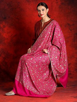 Pure Pashmina Sozni Magenta-Pink Colored Floral Jaal Pattern Heavy Embroidered Shawl