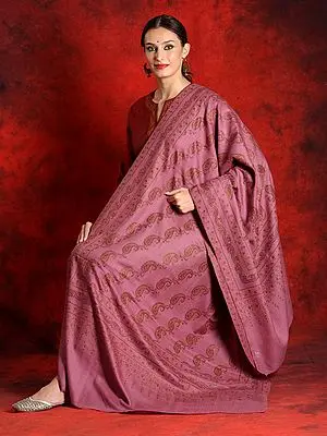 Mauve-Pink Colored Pure Pashmina Sozni Jaal Shawl With Heavy Embroidery