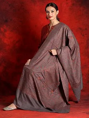 Light Mahogany Brown Pure Pashmina Sozni Embroidered Jamawar Shawl