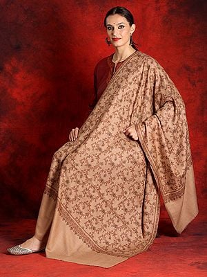 Pure Pashmina Light Brown Sozni Jamawar Shawl With Floral Jaal Embroidery
