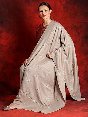Pure Pashmina Natural Colored Butti Motif Embroidered Sozni Shawl