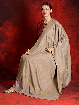 Pure Pashmina Natural Tone Colored Sozni Jamawar Shawl with All-Over Embroidery