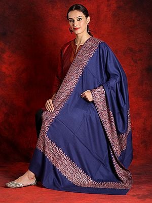 Pure Pashmina Violet Colored Sozni Silk Shawl With Embroidered Border