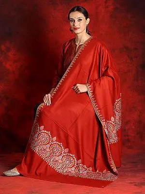 Pure Pashmina Rust-Red Colored Sozni Embroidered Palledar Shawl