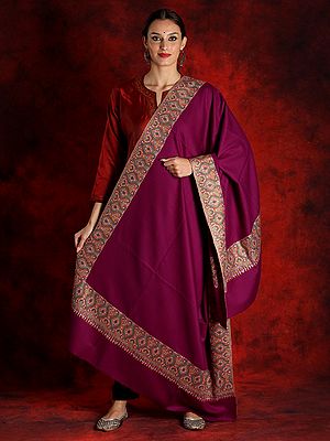 Pure Pashmina Purple Silk Sozni Embroidered Palledar Shawl