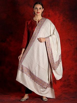 Pure Pashmina Off-White Silk Sozni Embroidered Border Shawl