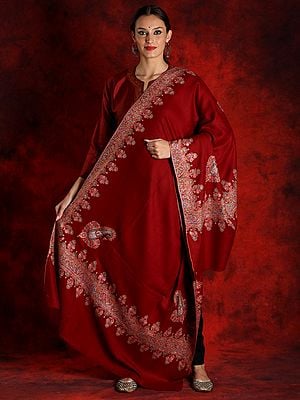 Pure Pashmina Maroon Colored Sozni Embroidery Border Papier Mache Shawl