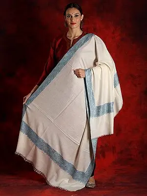 White Colored Pure Pashmina Sozni Embroidered Border Shawl