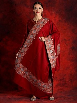 Pure Pashmina Maroon Colored Embroidered Border Sozni Shawl