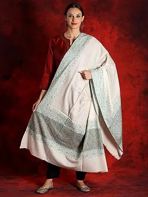 Pure Pashmina White Colored Vine Pattern Embroidered Border Sozni Shawl