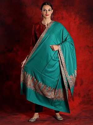 Turquoise Pure Pashmina Sozni Embroidered Border Shawl