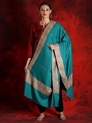 Pure Pashmina Sea-Green Sozni Kalka Pattern Embroidered Border Shawl