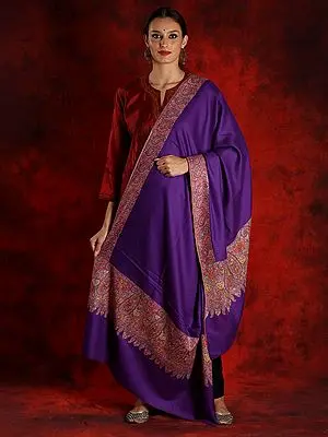 Pure Pashmina Purple Colored Sozni Papier Mache Embroidered Palledar Shawl