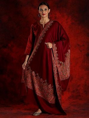 Pure Pashmina Maroon Colored Sozni Papier Mache Embroidered Palledar Shawl