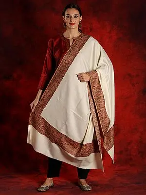 Pure Pashmina Off-White Colored Sozni Shawl With Embroidered Border