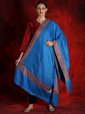 Pure Pashmina Bright-Blue Colored Sozni Shawl With Embroidered Border