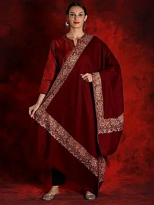 Pure Pashmina Maroon Colored Sozni Papermachi Shawl with Embroidered Border