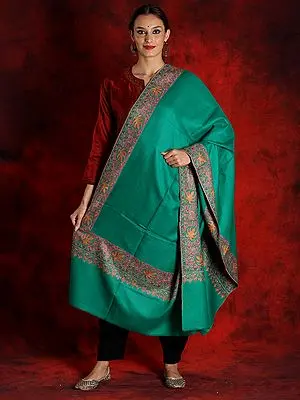 Pure Pashmina Emerald-Green Colored Sozni Papermachi Embroidered Border Shawl