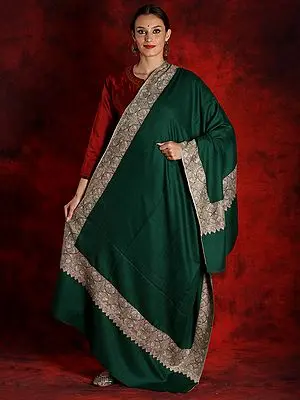 Pure Pashmina Dark-Green Colored Sozni Papermachi Embroidered Border Shawl