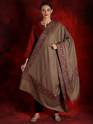 Aloewood Colored Pure Pashmina Shawl with Sozni Embroidered