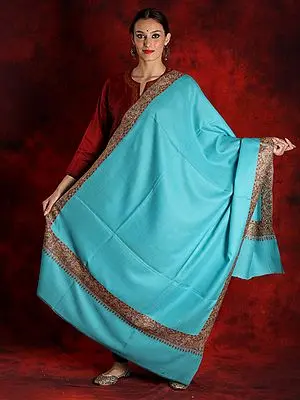 Ferozi-Blue Pure Pashmina Sozni Shawl with Paisley Embroidered Border