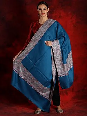 Pure Pashmina Cobalt Blue Colored Dordar Sozni Shawl with Embroidered Border