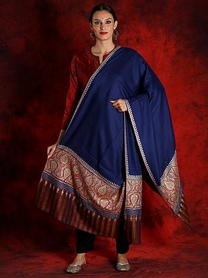 Pure Pashmina Blue Colored Sozni Shawl with Striped & Embroidered Palla