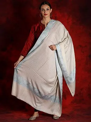 White Colored Pure Pashmina Sozni Shawl with Embroidered Border