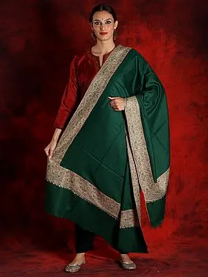 Pure Pashmina Dark-Green Colored Sozni Shawl with Embroidered Border