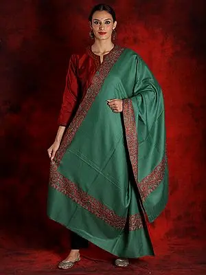 Pastel-Green Colored Pure Pashmina Sozni Shawl with Embroidered Border