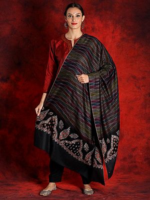 Pure Pashmina Black Colored Sozni Ikat Shawl with Embroidered Palla