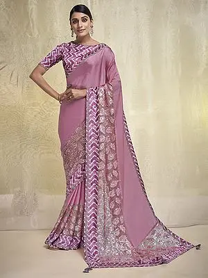 Crepe Georgette Sequins-Lace Embroidered Pink Saree with Satin Silk Printed Blouse and Tassel Pallu