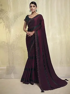 Maroon Georgette Border Embroidered Saree with Black Blouse and Latkan Pallu