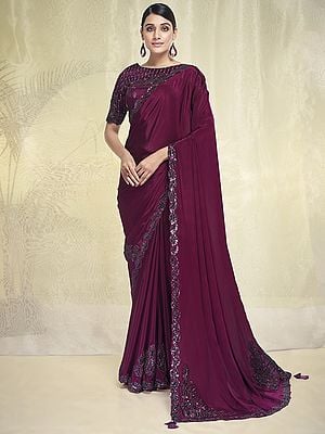 Georgette Crepe Maroon Saree with Raw Silk Blouse and Sequins Embroidered Border & Pallu