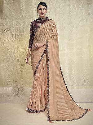 Peach Georgette Stone Work Border Saree with Georgette Silk Sequins Embroidered Maroon Blouse