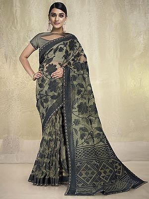 Tissue Green a floral Vine Motif Saree with Blouse and Scalloped Border