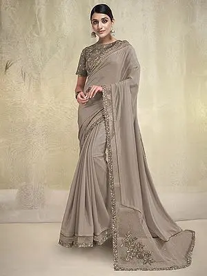 Beige Silk Georgette Embroidered Border Saree with Raw Silk Blouse