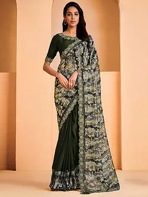 Dark-Green Satin Crepe Silk Sequins Work Saree with Silk Taffeta Blouse