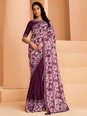 Wine Satin Crepe Silk Sequins Work Saree with Purple Raw Silk Blouse and Latkan Pallu