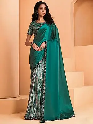 Sea-Green and Satin Crepe Silk Scalloped Border Saree with Silk Taffeta Blouse and Sequins Work