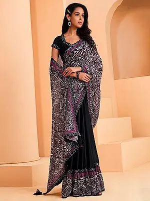 Purple Satin Crepe Silk Sequins Embroidered Saree with Black Blouse