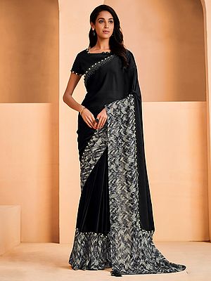 Satin Crepe Silk Sequins Work Black Saree with Matching Blouse and Tassel Pallu