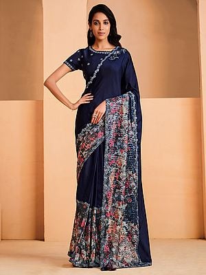 Navy-Blue Satin Crepe Silk Saree with Silk Taffeta Blouse and Sequins Embroidery